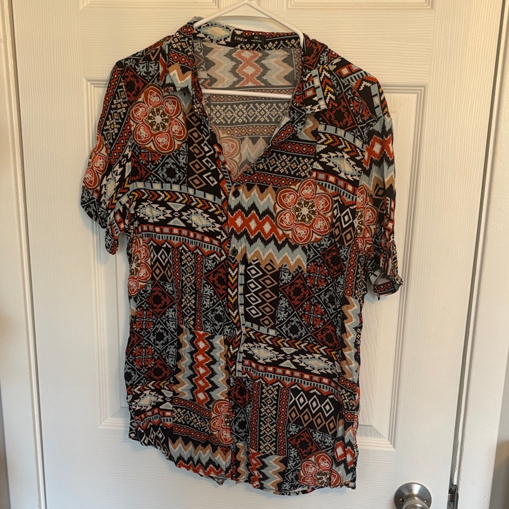 Sheer Geometric Print Button-Up Top - Orange & Black